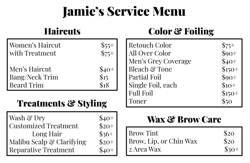 Jamie's Service Menu